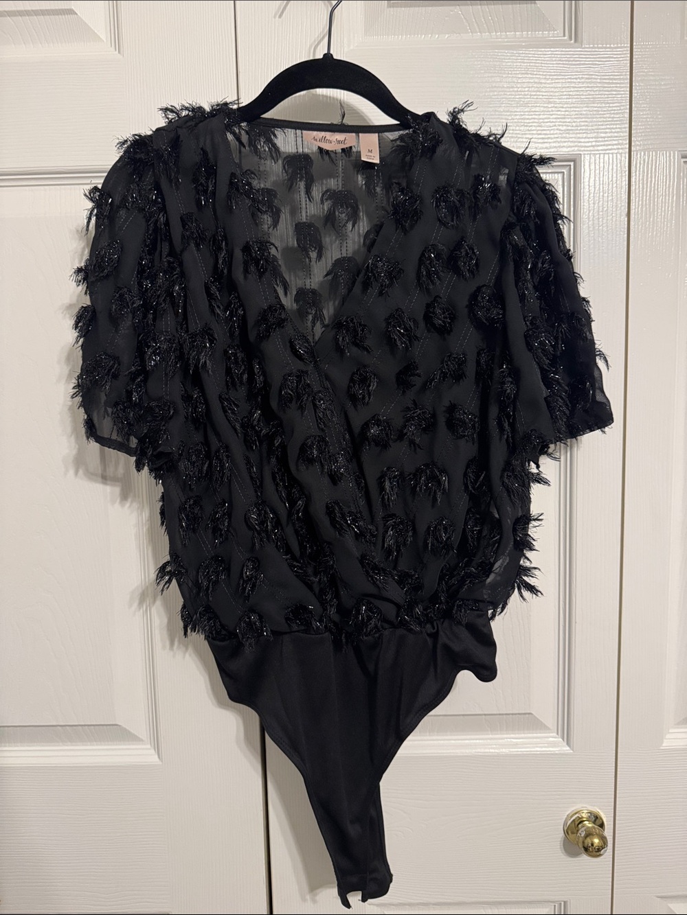 Willow Root Black Feather-Trim Wrap Bodysuit